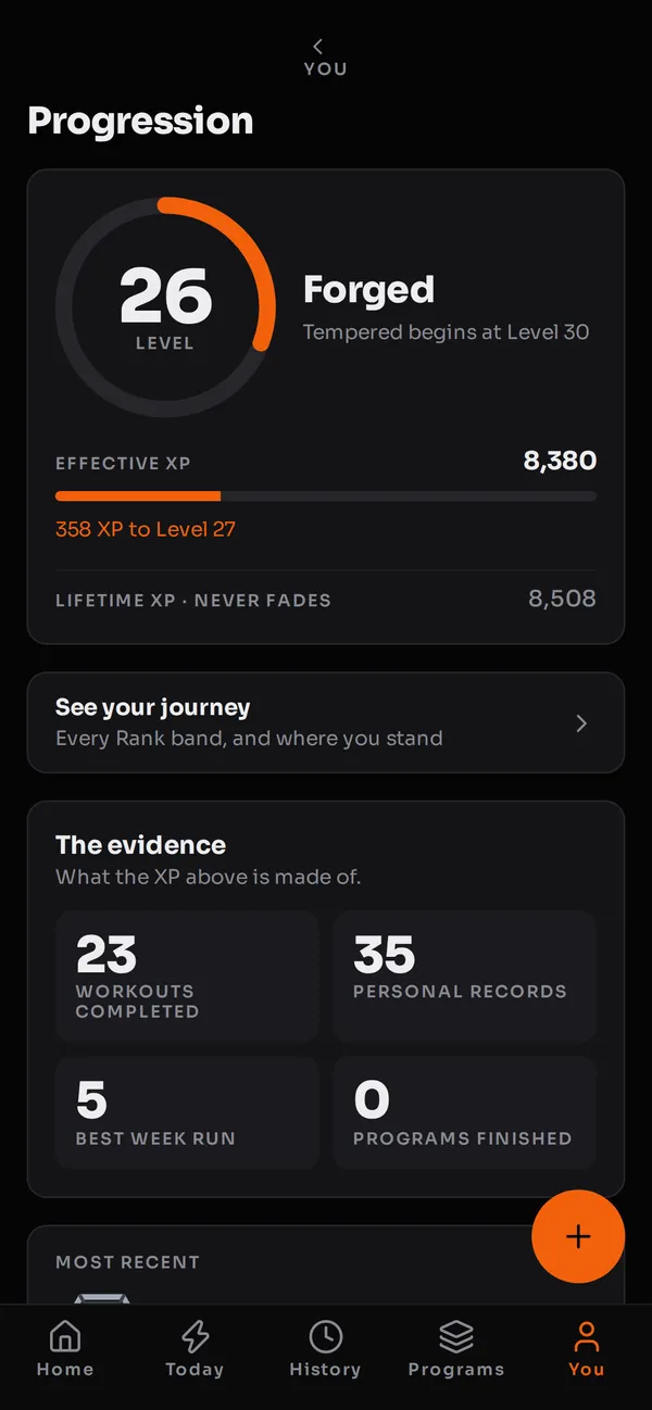 Progression screen showing level, rank, and the evidence behind the XP