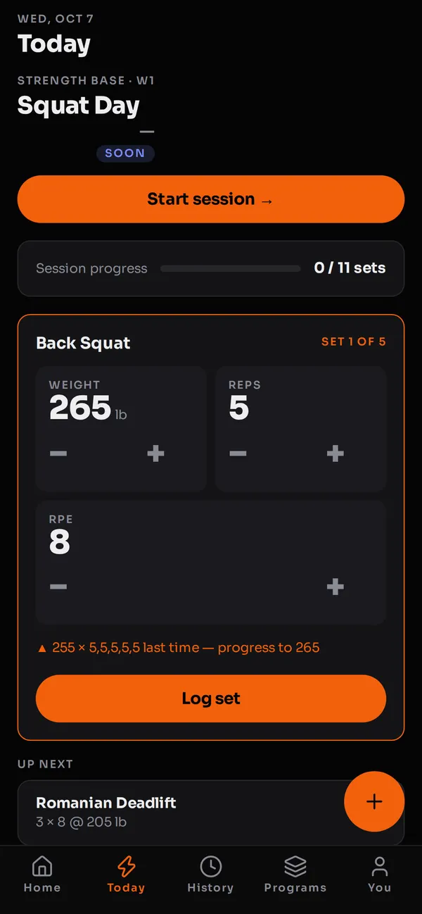 GrindOS Today screen showing the programmed Squat Day session with set-by-set logging
